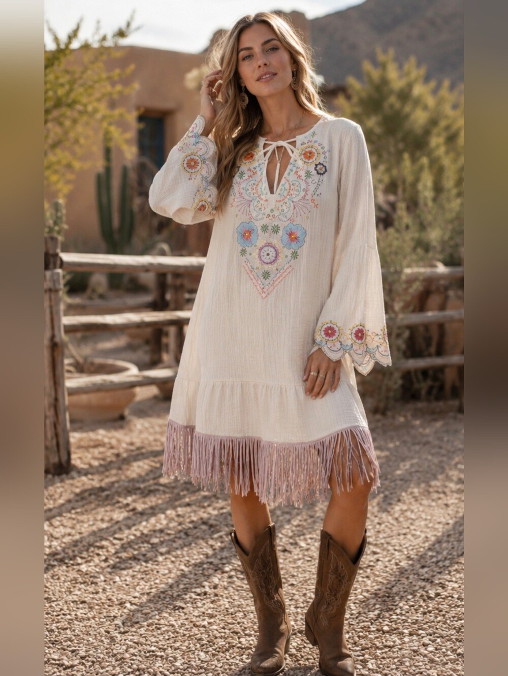 Embroidered Fringe Tunic Boho Festival Western L Cochella